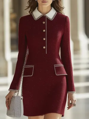 【24-hour shipping】High-End Retro Luxury Chanel Style Contrast Hem Lapel Dress