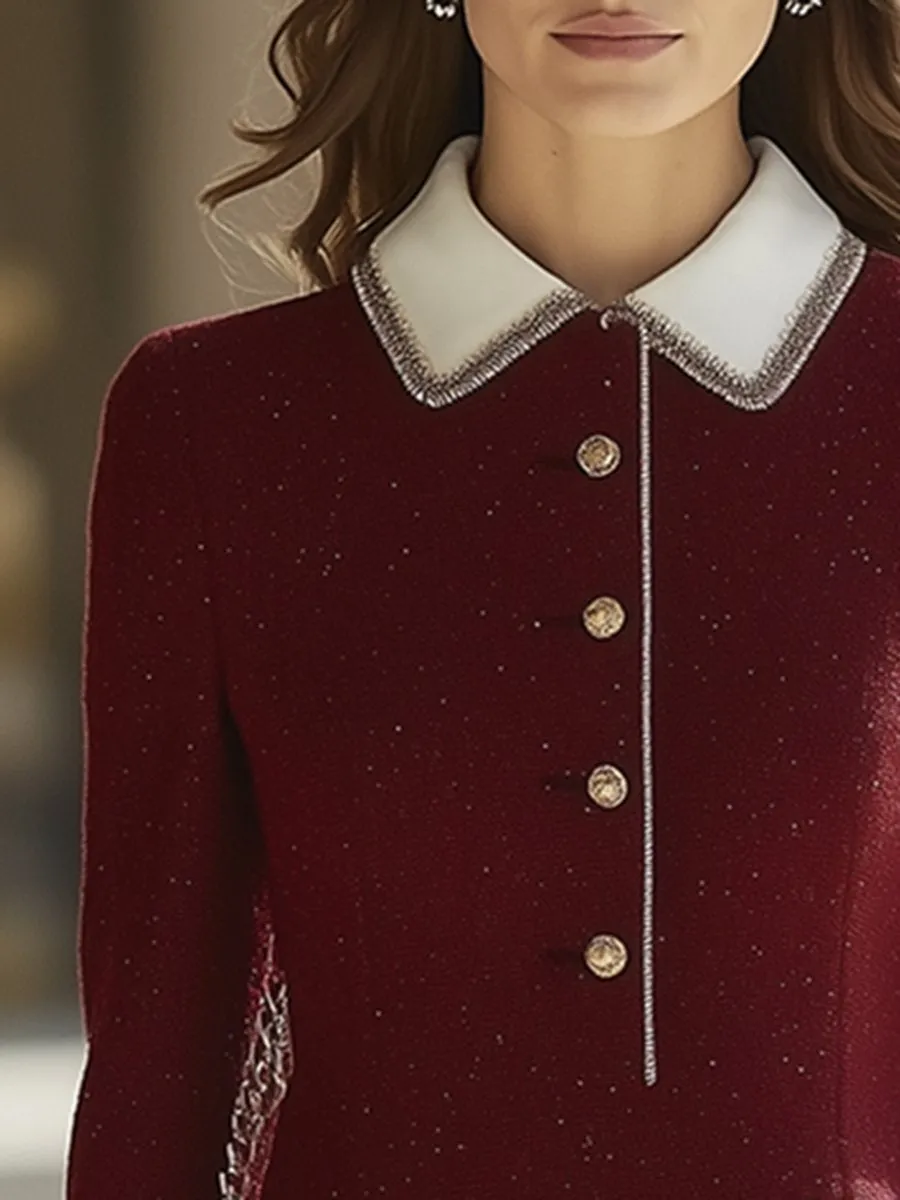 【24-hour shipping】High-End Retro Luxury Chanel Style Contrast Hem Lapel Dress