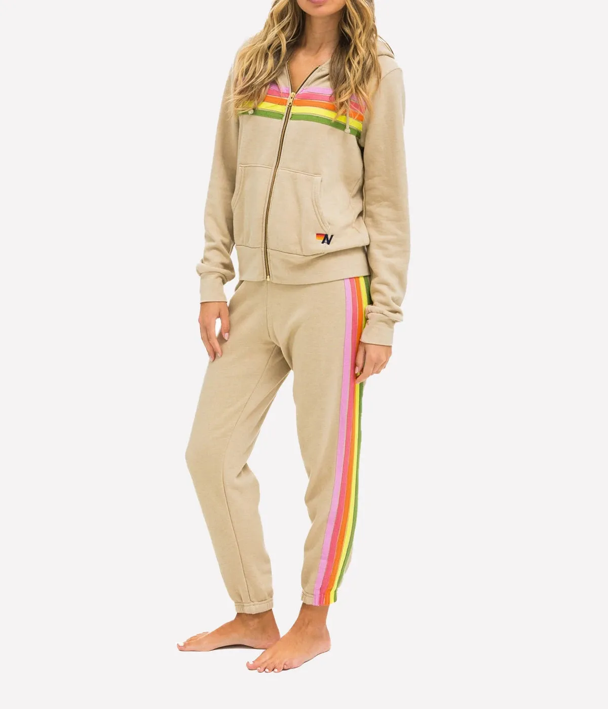 5 Stripe Zip Hoodie in Sand, Pink & Green