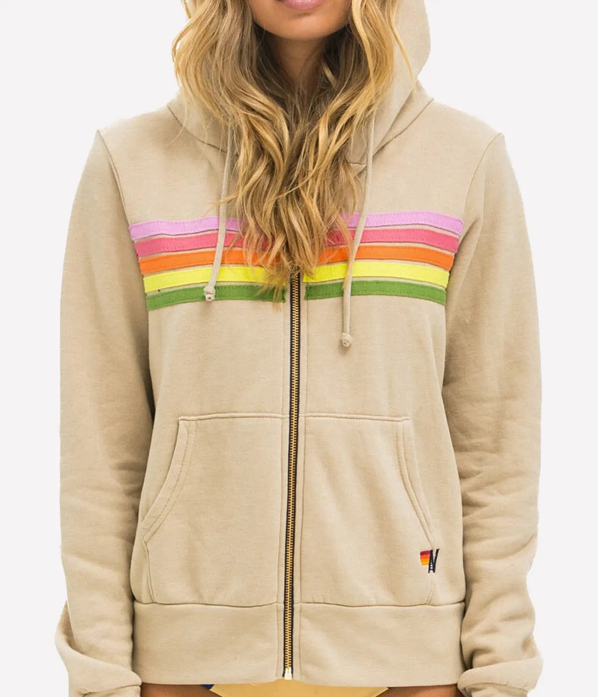 5 Stripe Zip Hoodie in Sand, Pink & Green