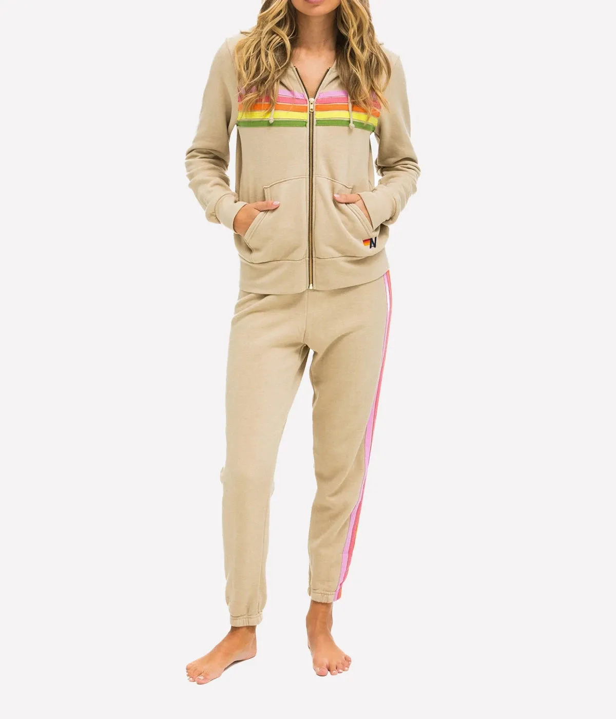 5 Stripe Zip Hoodie in Sand, Pink & Green