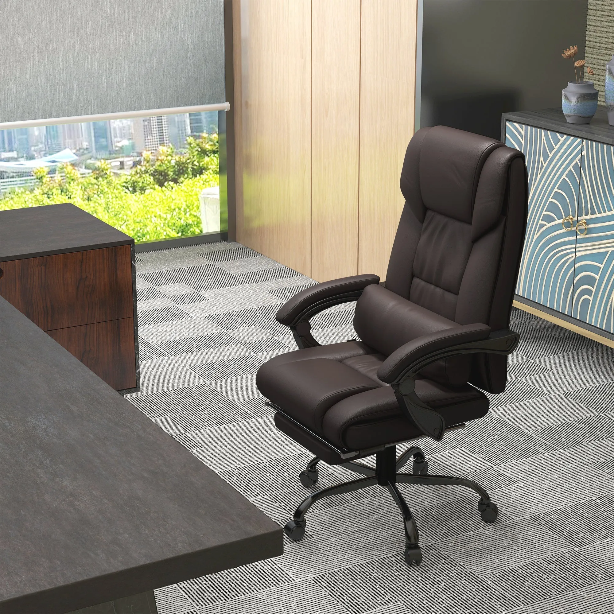6-Point PU Leather Massage Office Chair with Swivel Wheels Reclining Chair Office with Footrest Remote Brown