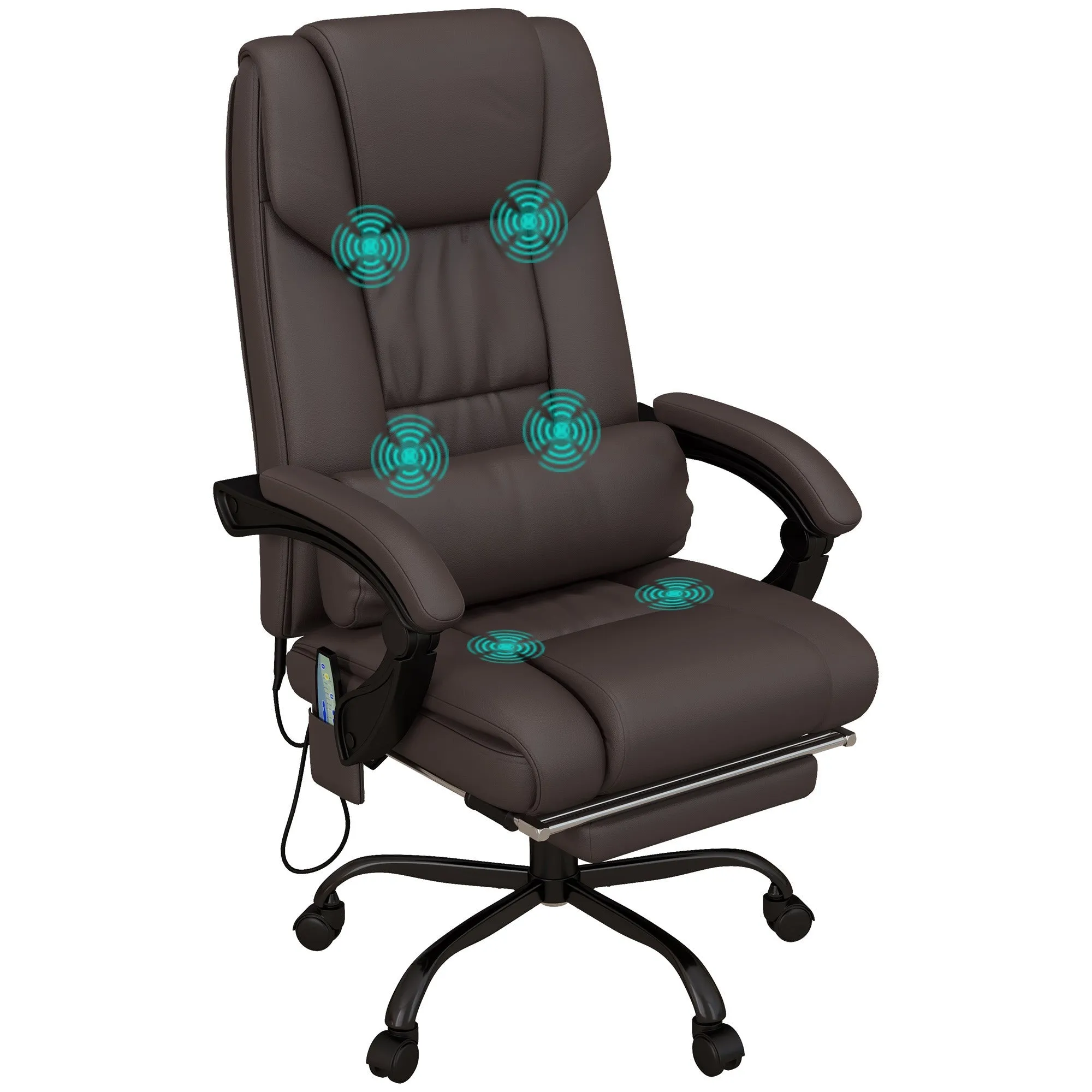 6-Point PU Leather Massage Office Chair with Swivel Wheels Reclining Chair Office with Footrest Remote Brown