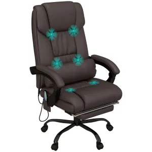 6-Point PU Leather Massage Office Chair with Swivel Wheels Reclining Chair Office with Footrest Remote Brown
