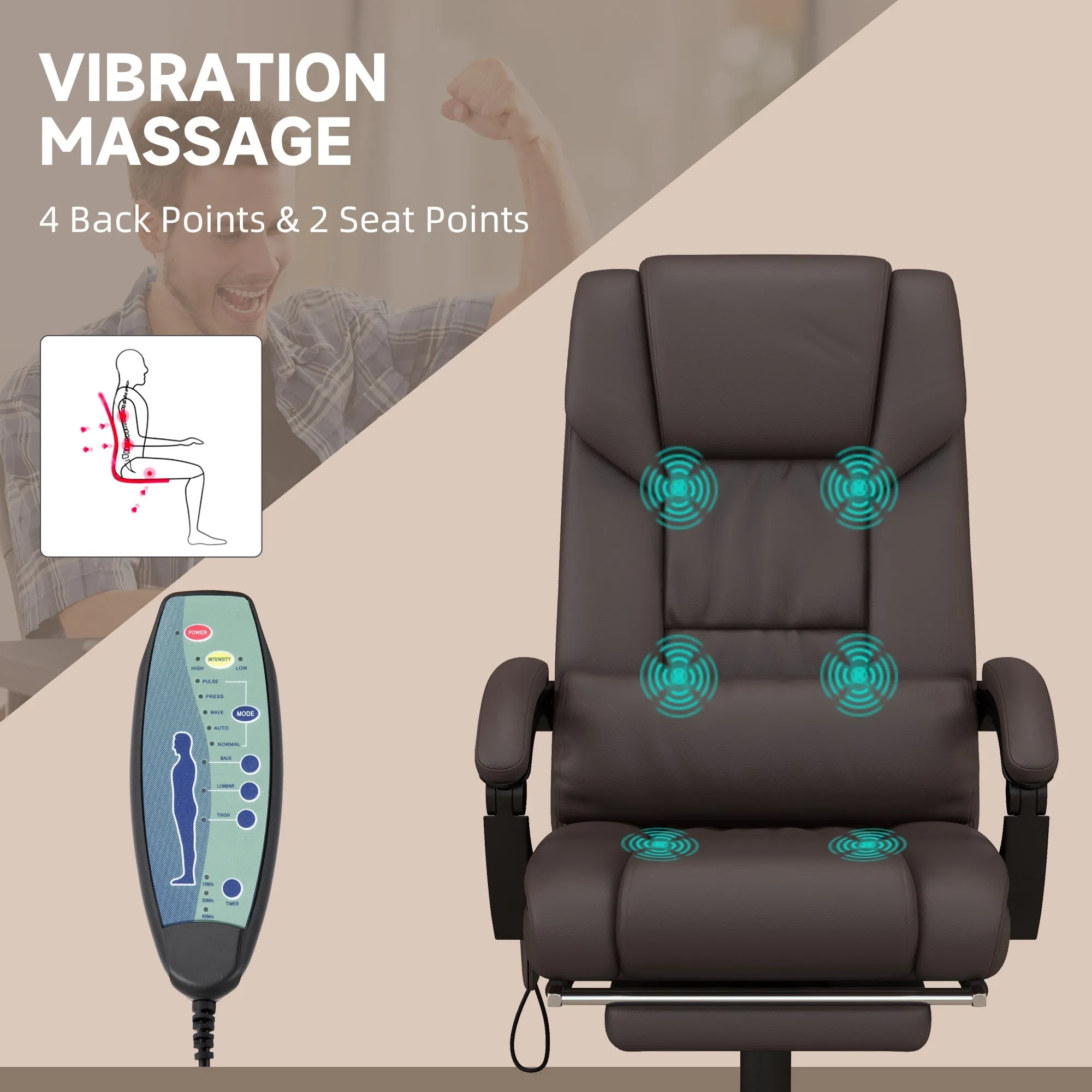 6-Point PU Leather Massage Office Chair with Swivel Wheels Reclining Chair Office with Footrest Remote Brown