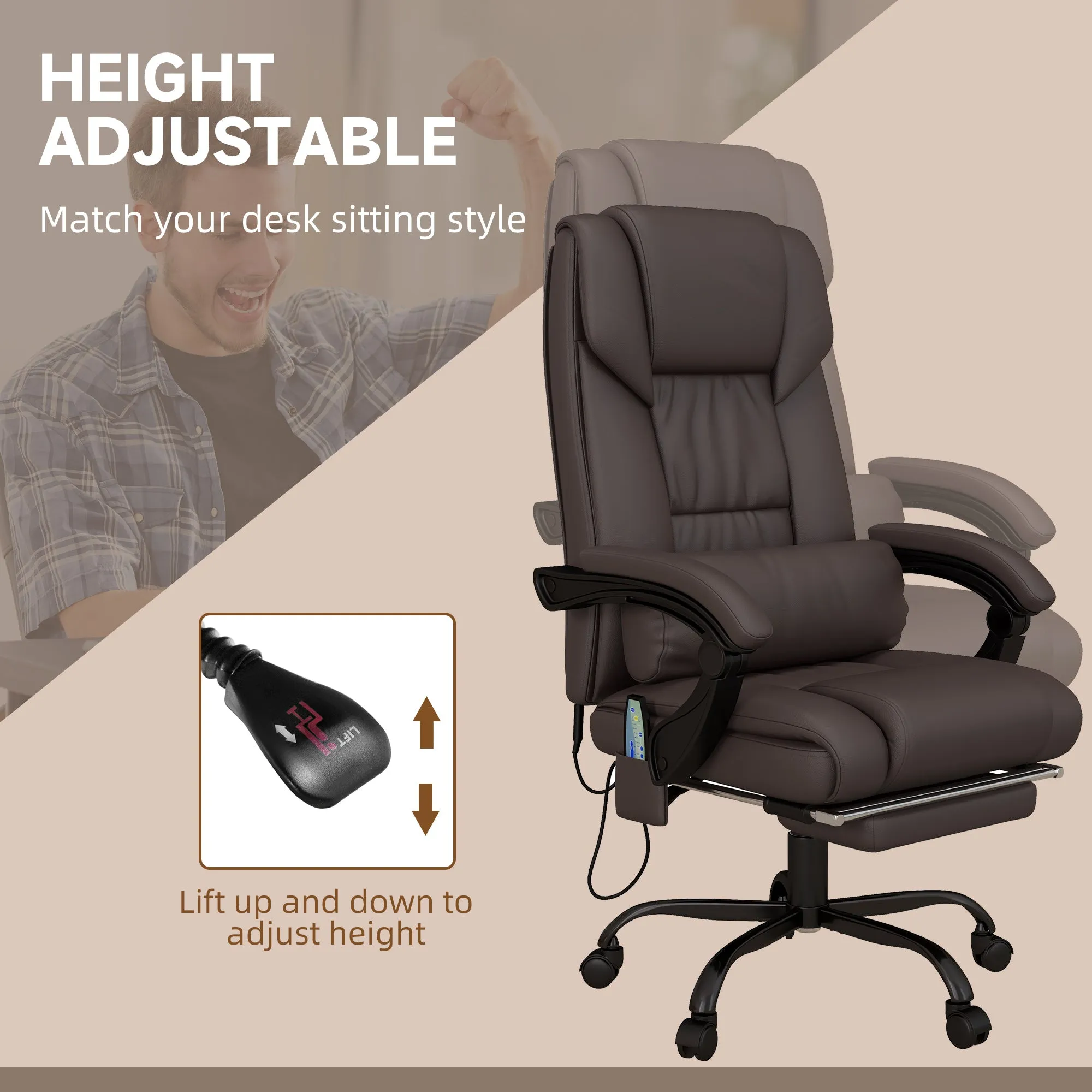 6-Point PU Leather Massage Office Chair with Swivel Wheels Reclining Chair Office with Footrest Remote Brown