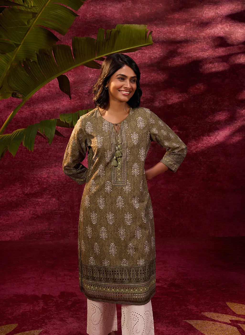 Afreen Olive Embroidered Cotton Designer Co-ord Set