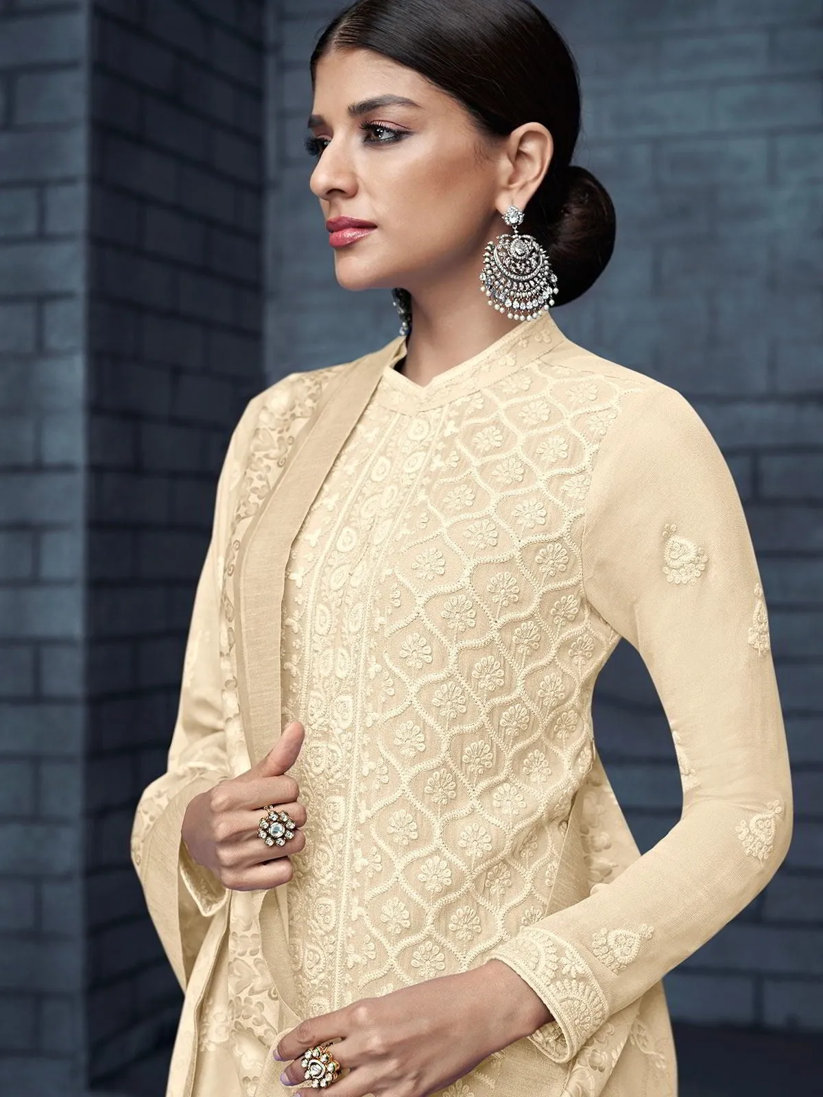 Beige Over All Lucknowi Embroidered Designer Pant Suit