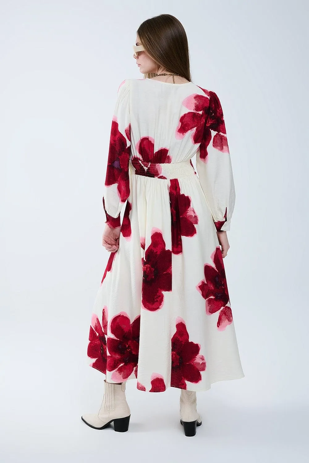Beige Wrap Midi Dress With Red Tropical Floral Print And Long Sleeves
