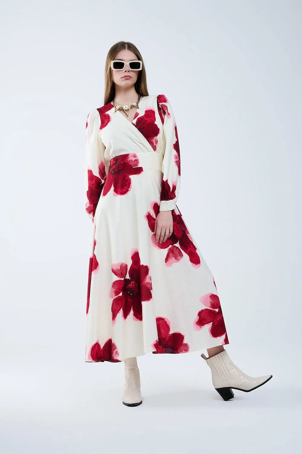 Beige Wrap Midi Dress With Red Tropical Floral Print And Long Sleeves