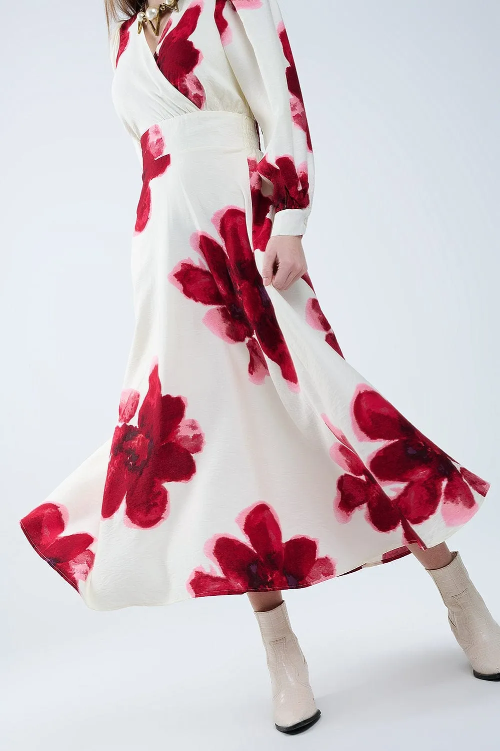 Beige Wrap Midi Dress With Red Tropical Floral Print And Long Sleeves