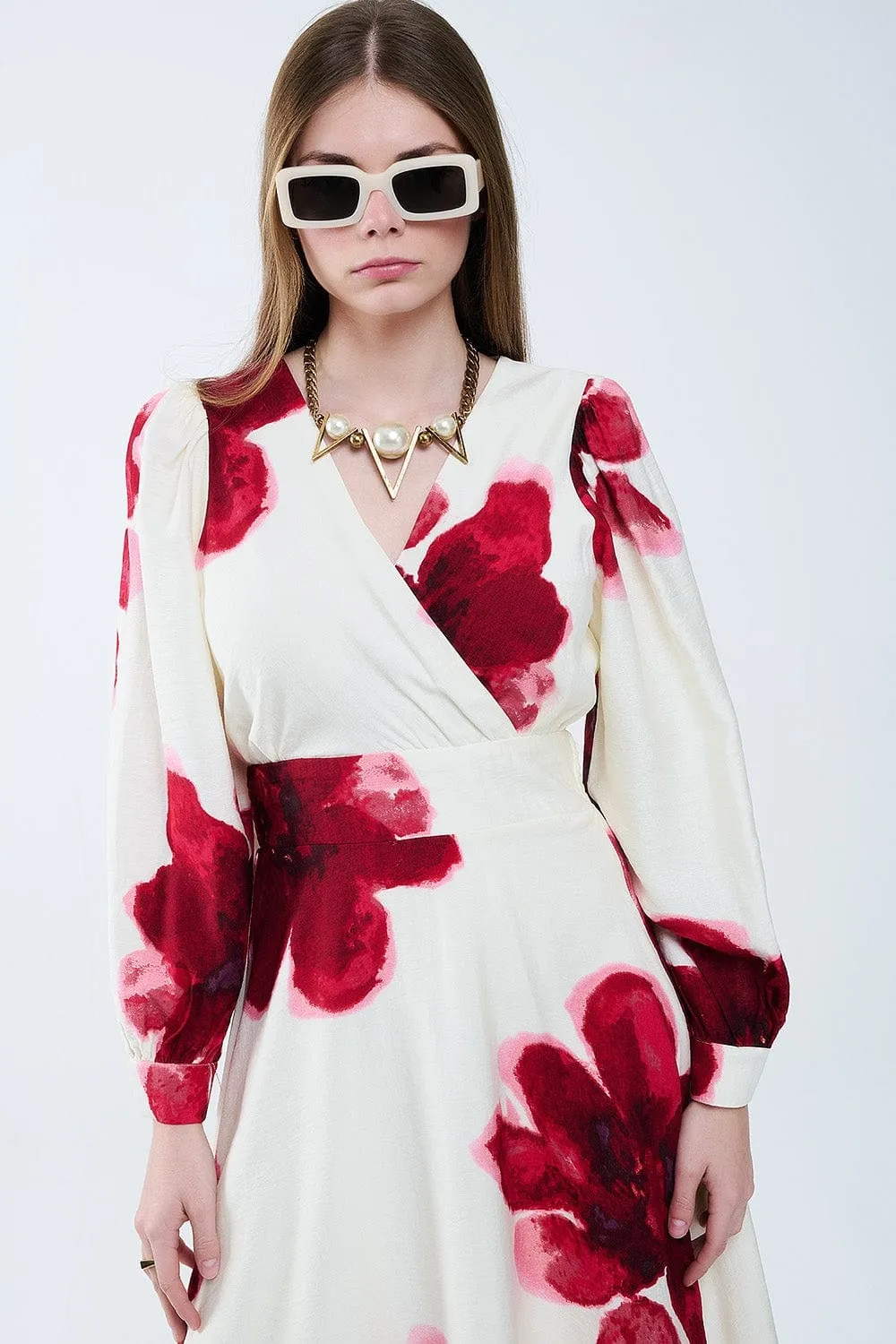 Beige Wrap Midi Dress With Red Tropical Floral Print And Long Sleeves