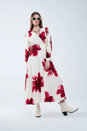 Beige Wrap Midi Dress With Red Tropical Floral Print And Long Sleeves