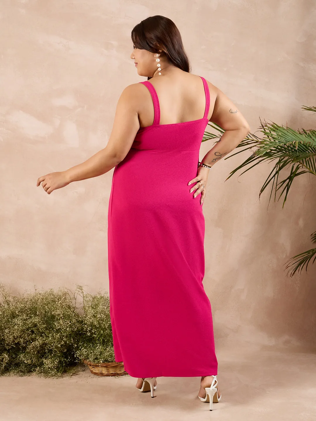 Berrylush Curve Women Solid Pink Round Neck Sleeveless Thigh-High Slit Straight Hem Knitted Maxi Dress