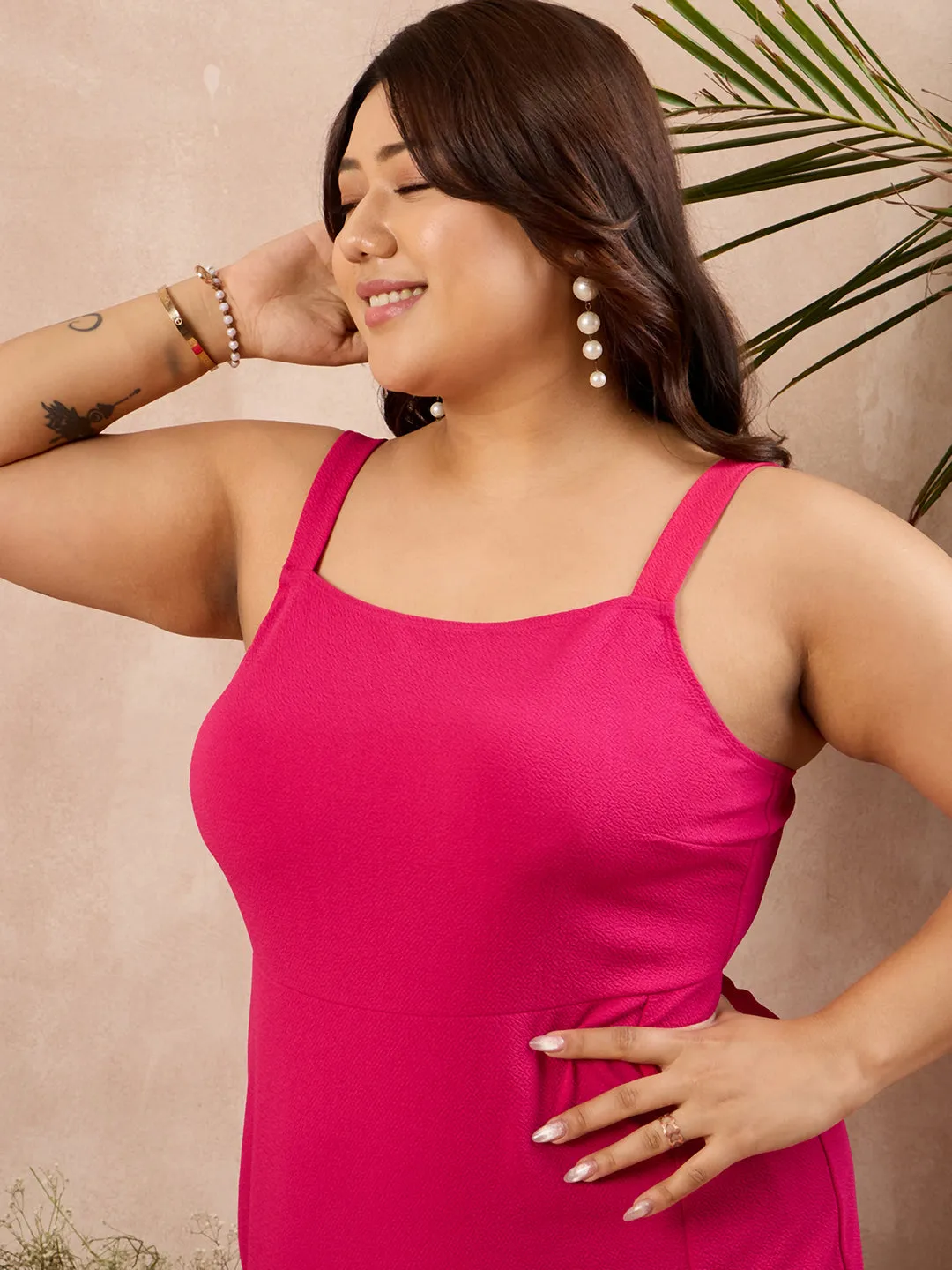 Berrylush Curve Women Solid Pink Round Neck Sleeveless Thigh-High Slit Straight Hem Knitted Maxi Dress