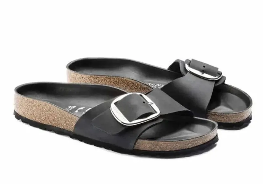 BIRKENSTOCK Madrid Big Buckle Oiled Black Leather Slides