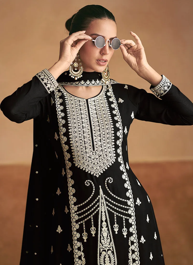 Black And White Thread Embroidery Palazzo Style Suit