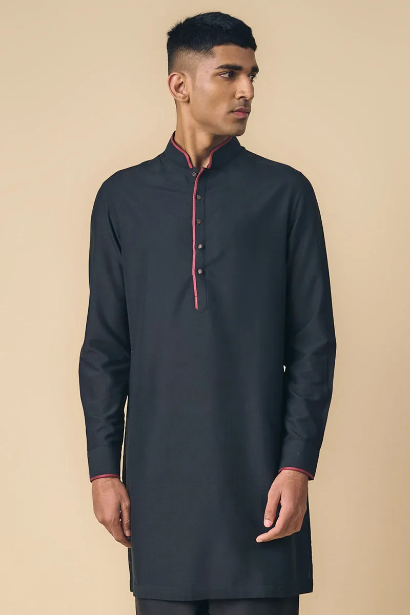 Black Kurta With Contract Edging on Band Collar