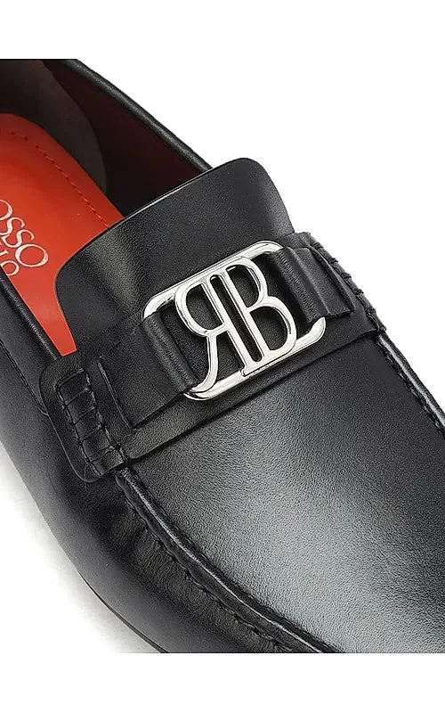 Black Leather Moccasins With Logo