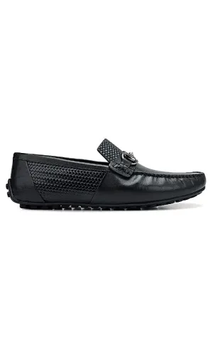 Black Textured Leather Moccasins