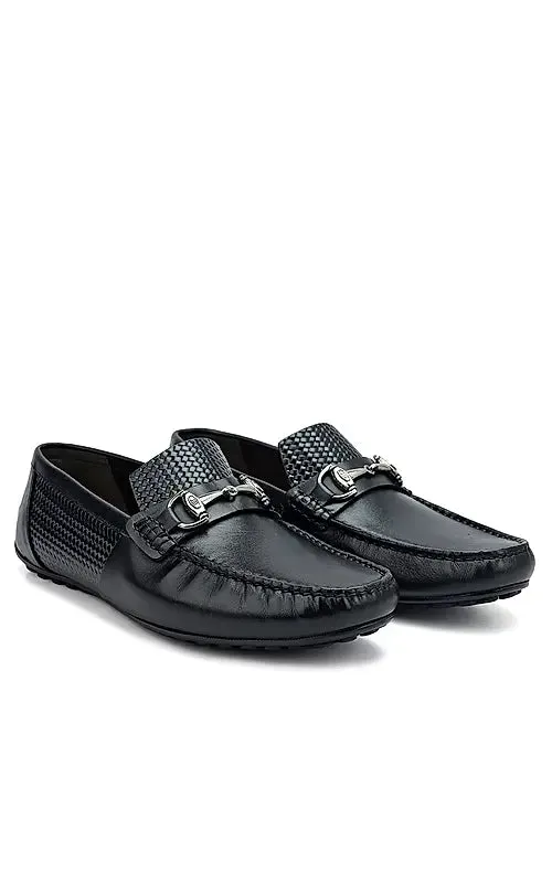 Black Textured Leather Moccasins