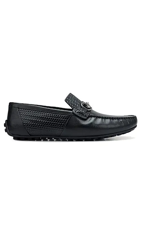 Black Textured Leather Moccasins