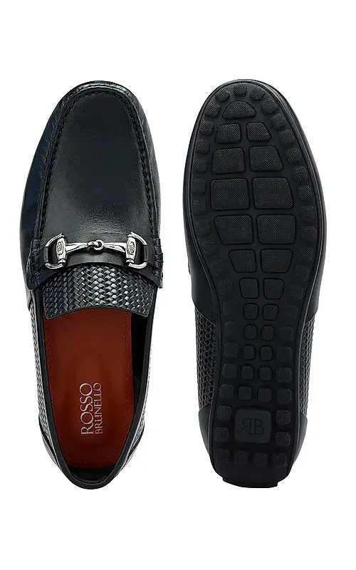 Black Textured Leather Moccasins
