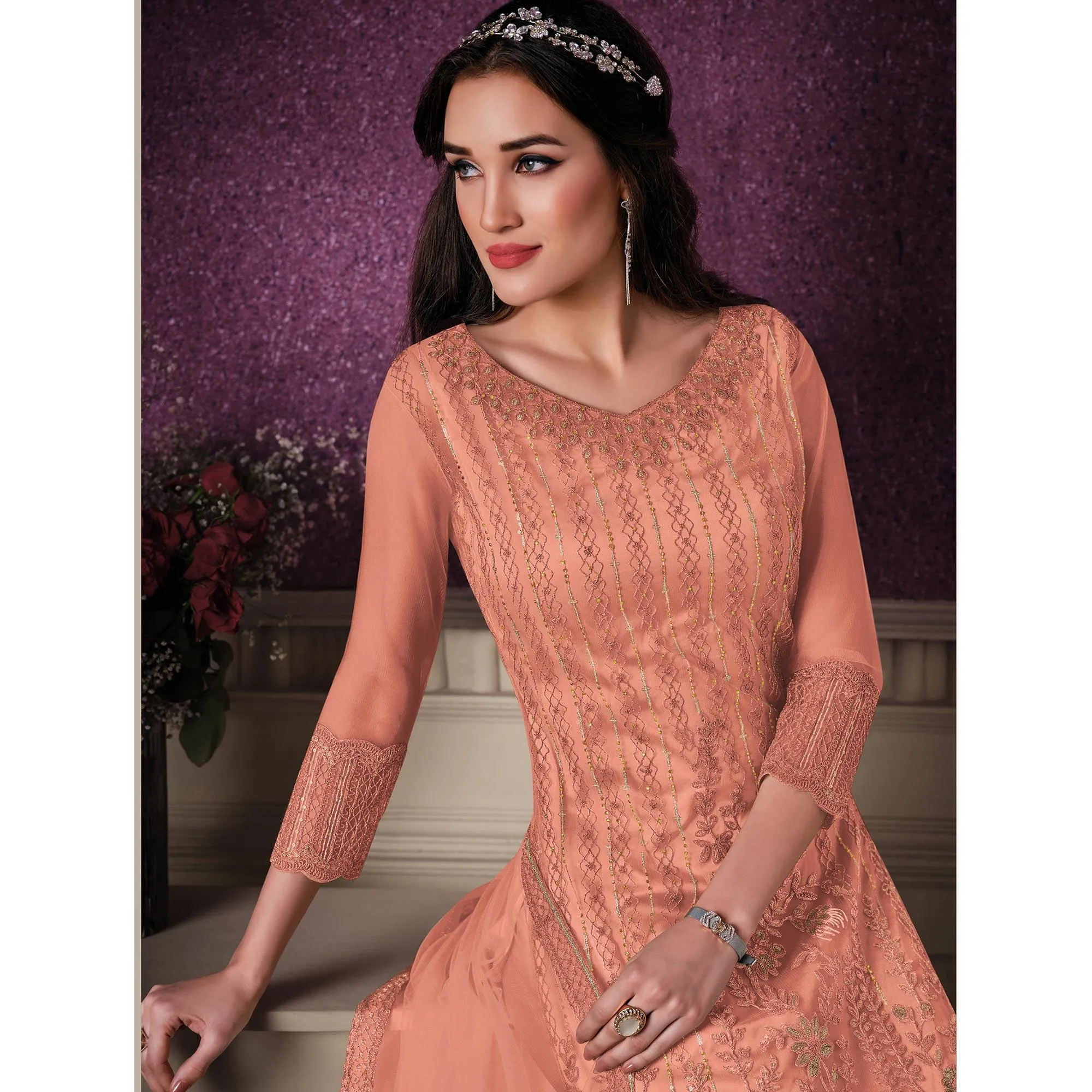 Blus Orange Floral Embroidery Designer Heavy Butterfly Net Partywear Suit
