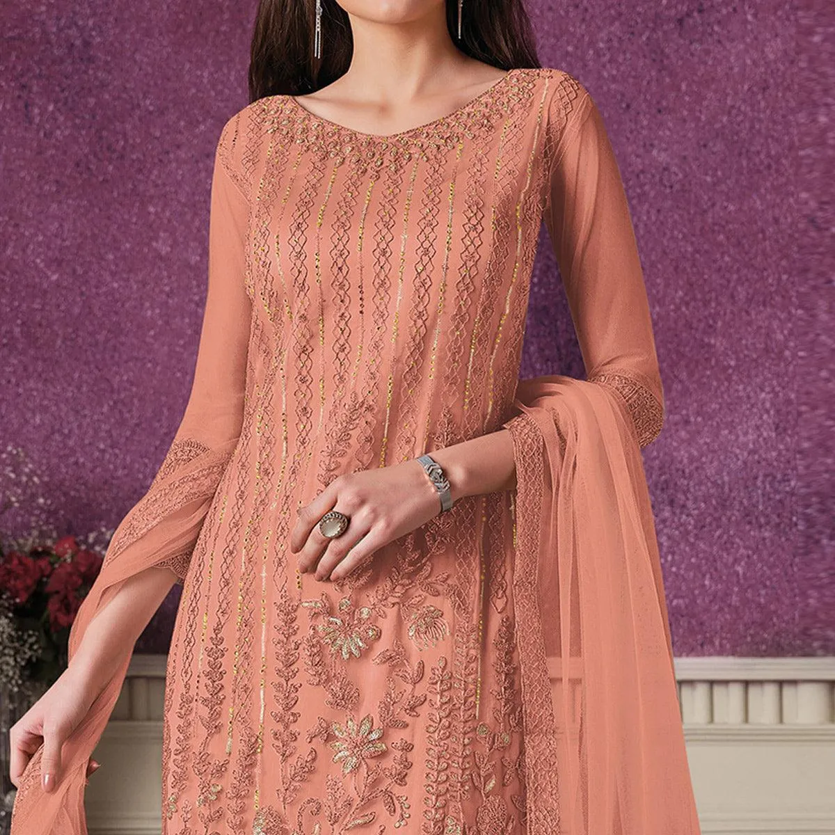 Blus Orange Floral Embroidery Designer Heavy Butterfly Net Partywear Suit