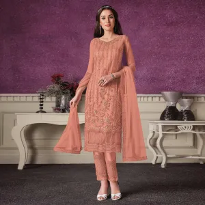 Blus Orange Floral Embroidery Designer Heavy Butterfly Net Partywear Suit