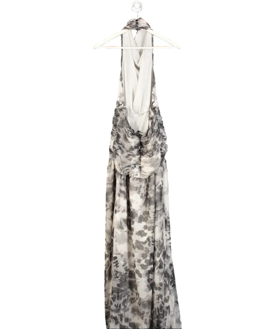 boohoo White Chiffon Maxi Leopard Print Halterneck Dress UK 14