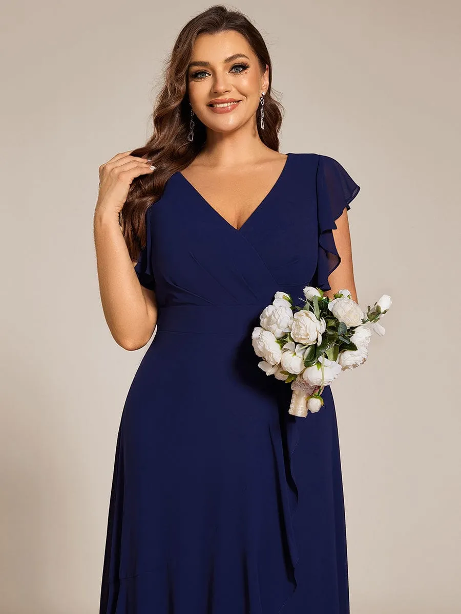Celia | Elegant Ruffled Chiffon High-Low Bridesmaid Dress with Backless Design