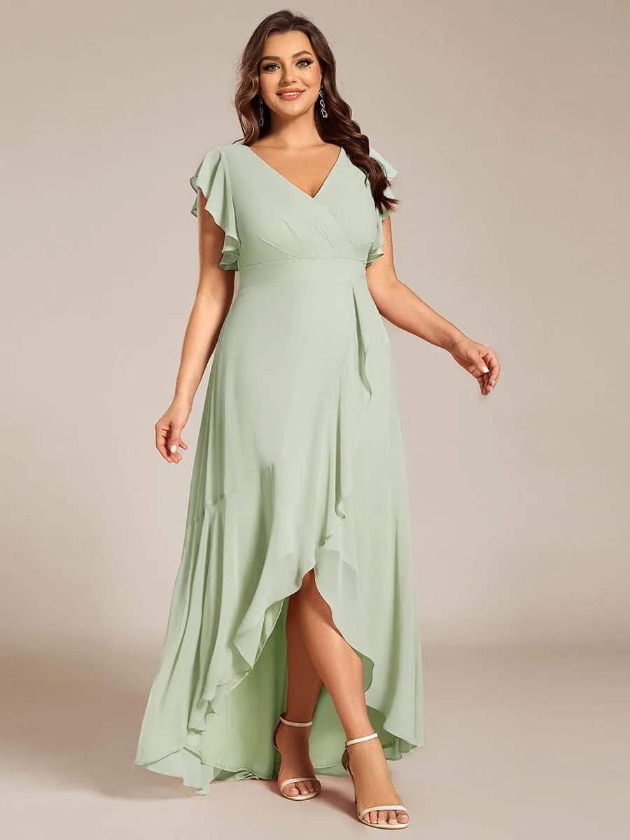 Celia | Elegant Ruffled Chiffon High-Low Bridesmaid Dress with Backless Design