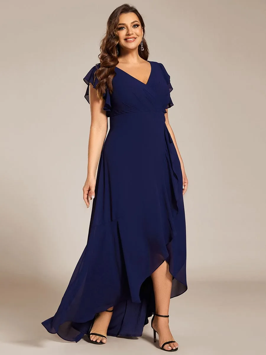 Celia | Elegant Ruffled Chiffon High-Low Bridesmaid Dress with Backless Design