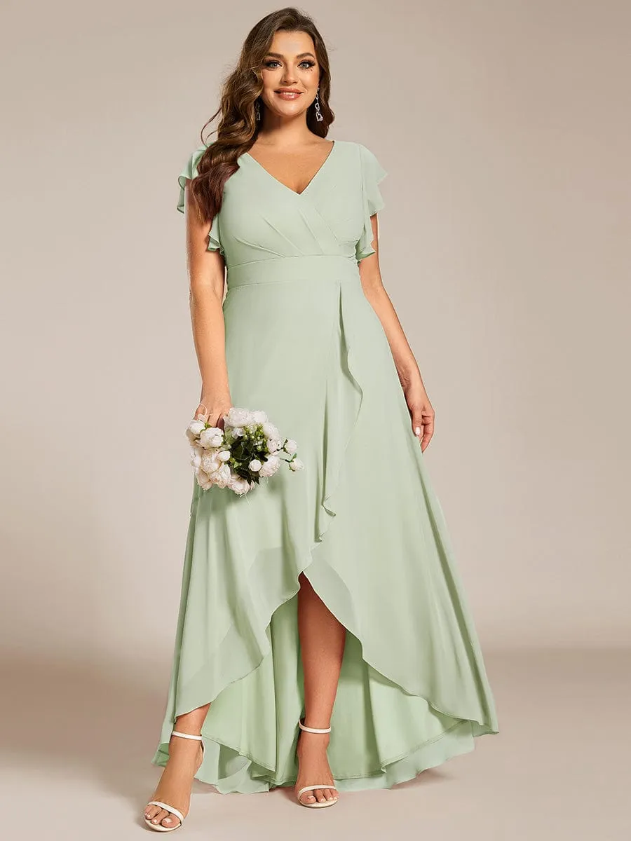 Celia | Elegant Ruffled Chiffon High-Low Bridesmaid Dress with Backless Design
