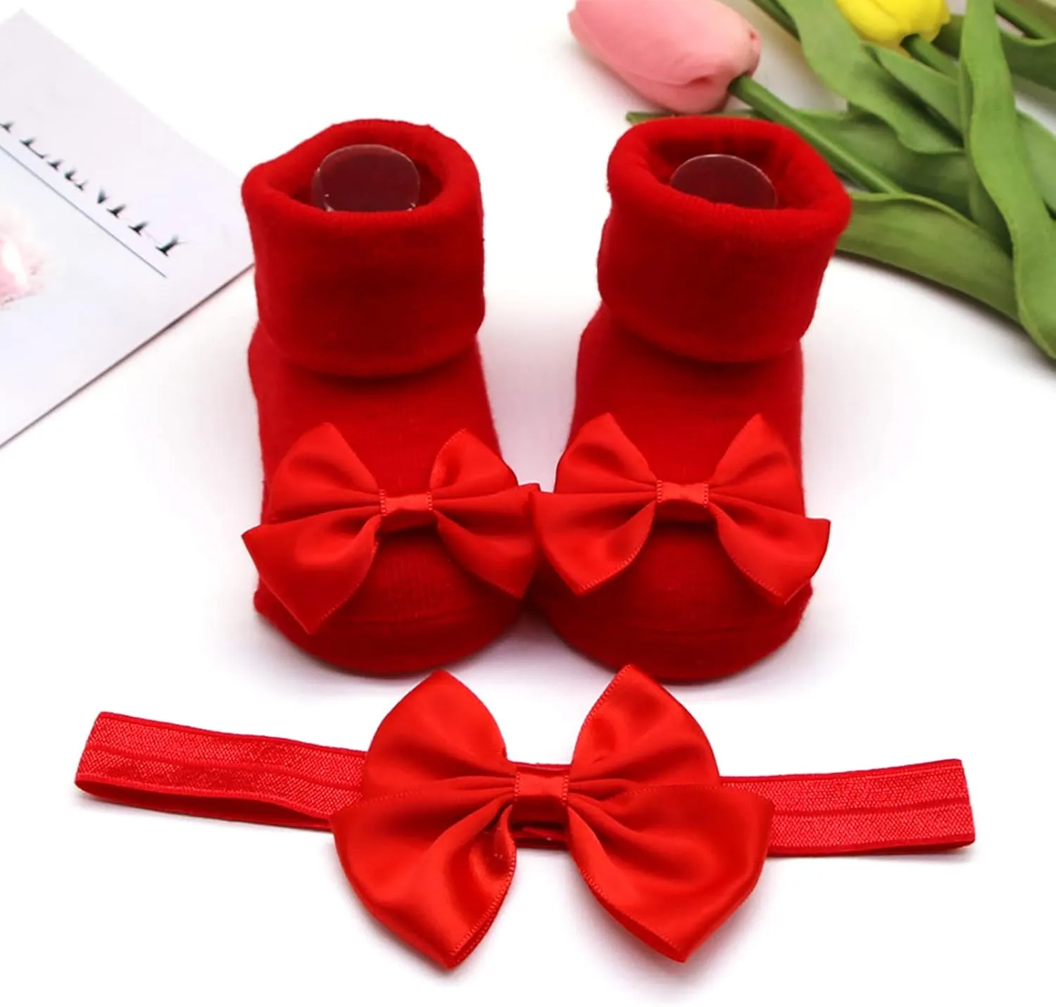 Children Kids Socks Soft Bottom Toddler Shoes Socks Bowkot Princess Socks Floor Socks Girls (Red, 6 Months)