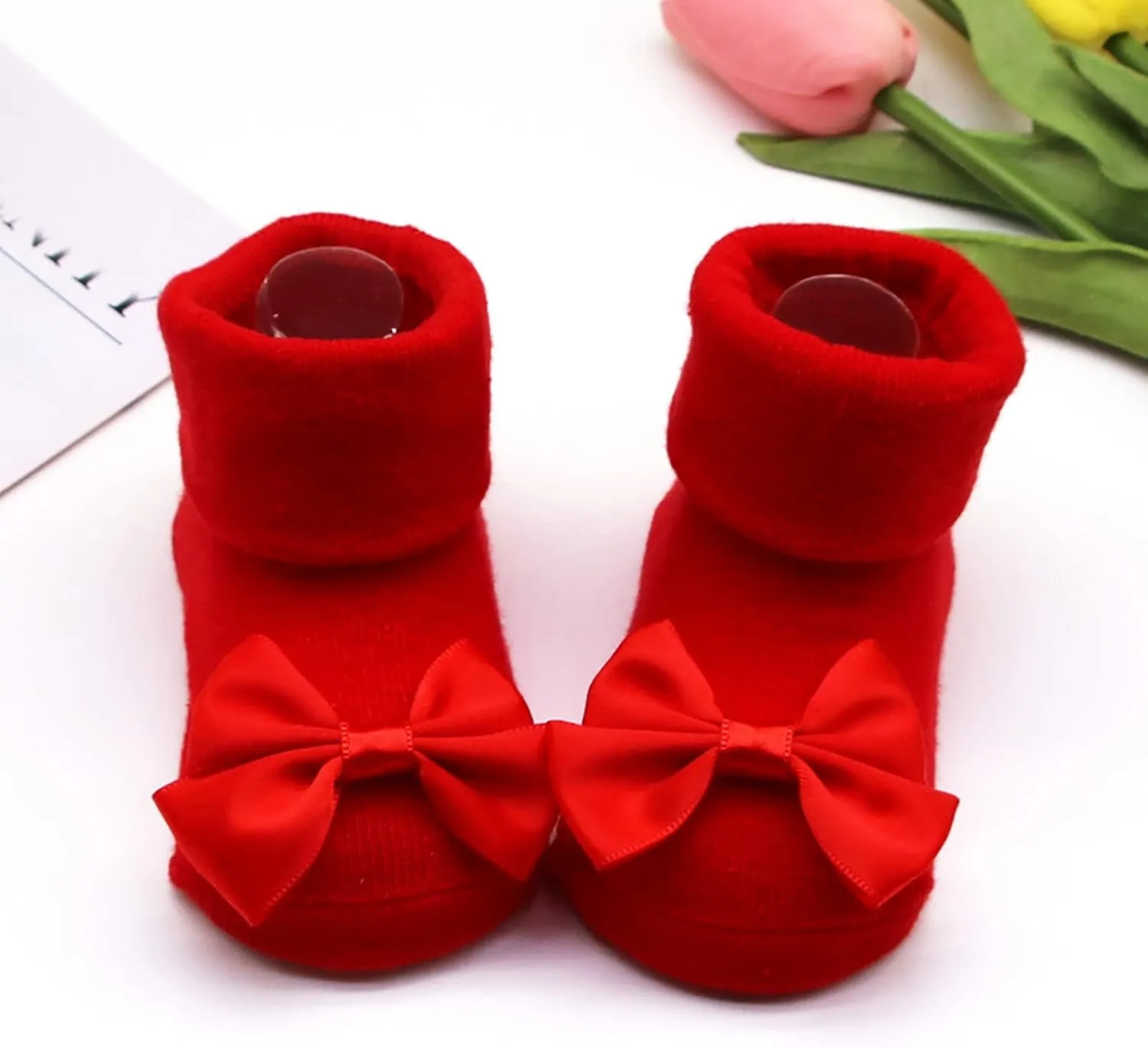 Children Kids Socks Soft Bottom Toddler Shoes Socks Bowkot Princess Socks Floor Socks Girls (Red, 6 Months)