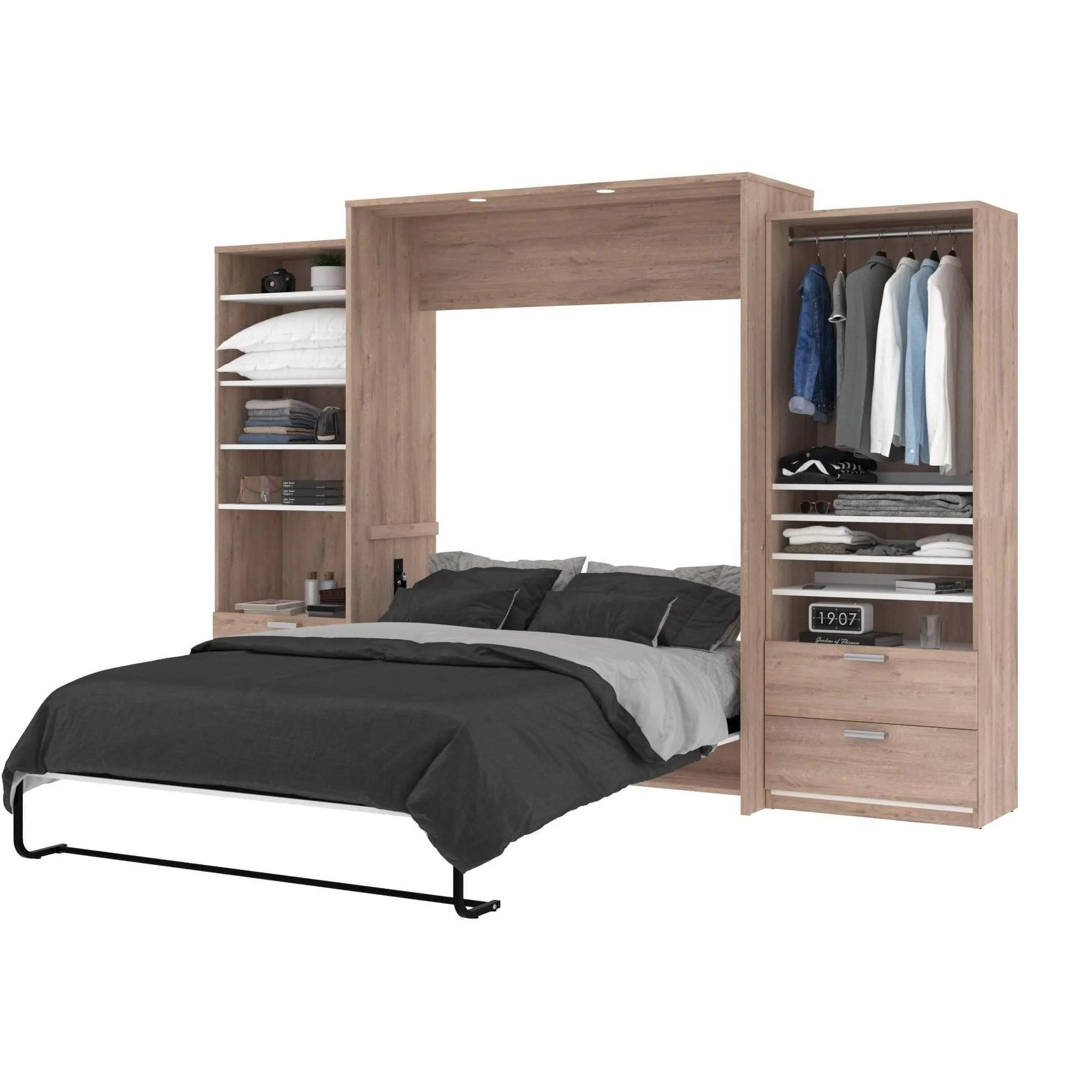 Cielo Queen Murphy Wall Bed and 2 Storage Cabinets with Drawers (124W) - Available in 2 Colours
