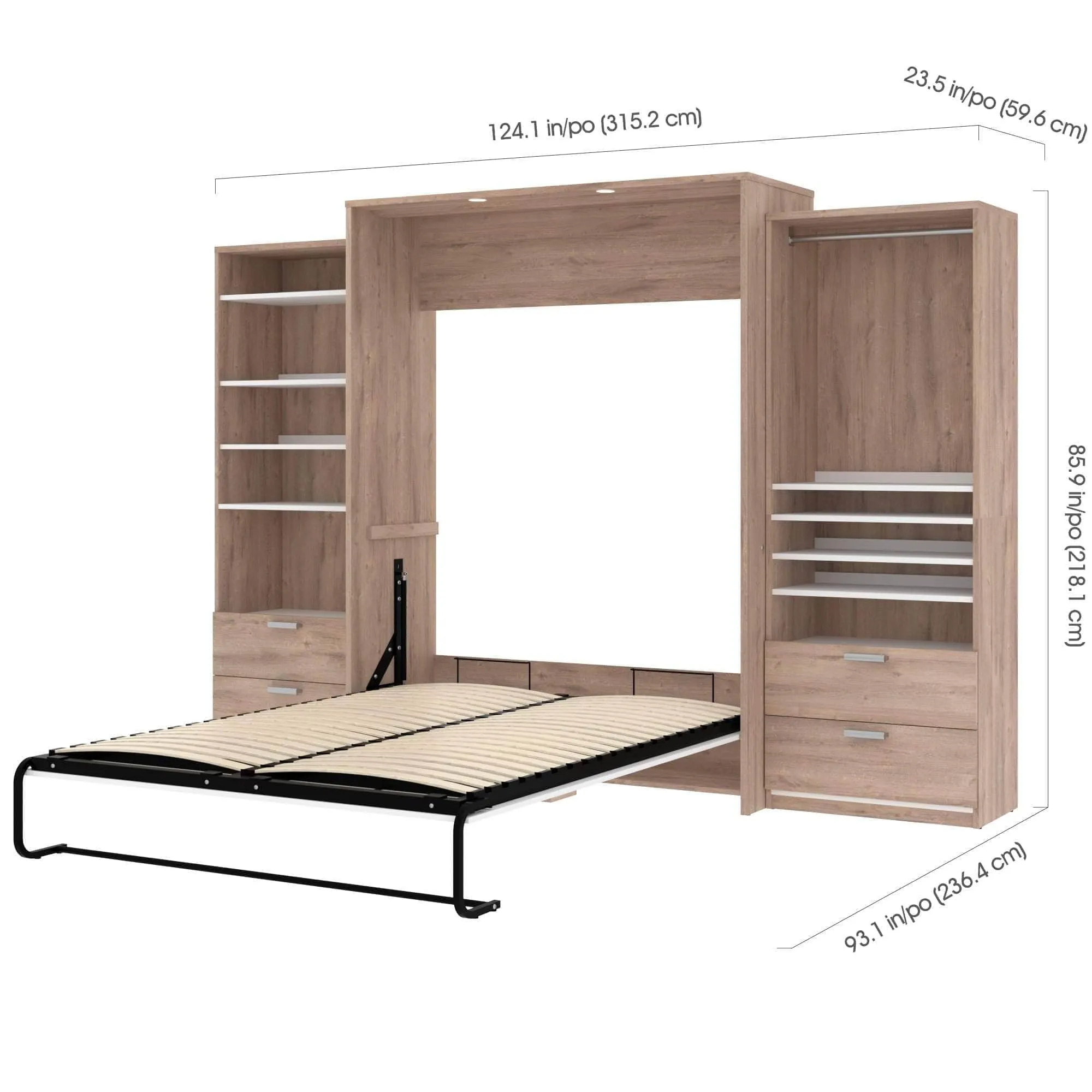 Cielo Queen Murphy Wall Bed and 2 Storage Cabinets with Drawers (124W) - Available in 2 Colours