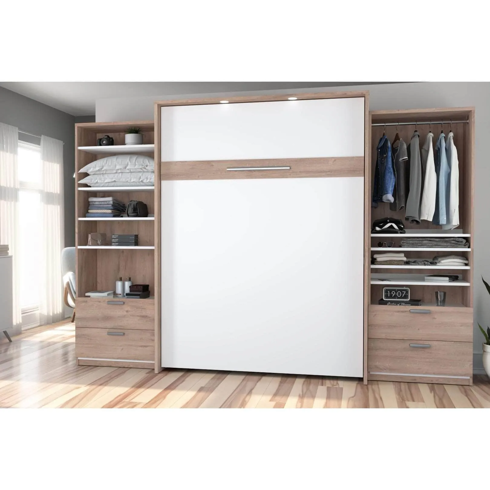 Cielo Queen Murphy Wall Bed and 2 Storage Cabinets with Drawers (124W) - Available in 2 Colours