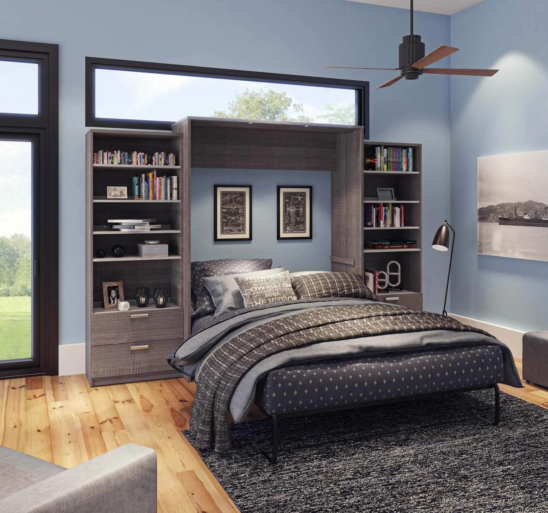 Cielo Queen Murphy Wall Bed and 2 Storage Cabinets with Drawers (124W) - Available in 2 Colours