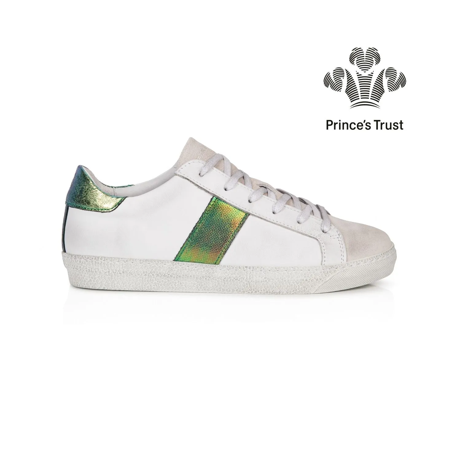 Cru: Vintage White & Green Multi Metallic Trainers