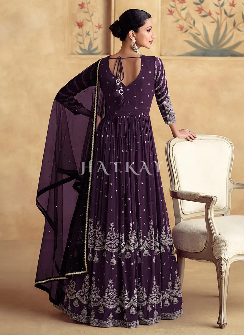 Deep Purple Reshamkari Embroidery Wedding Anarkali Dress
