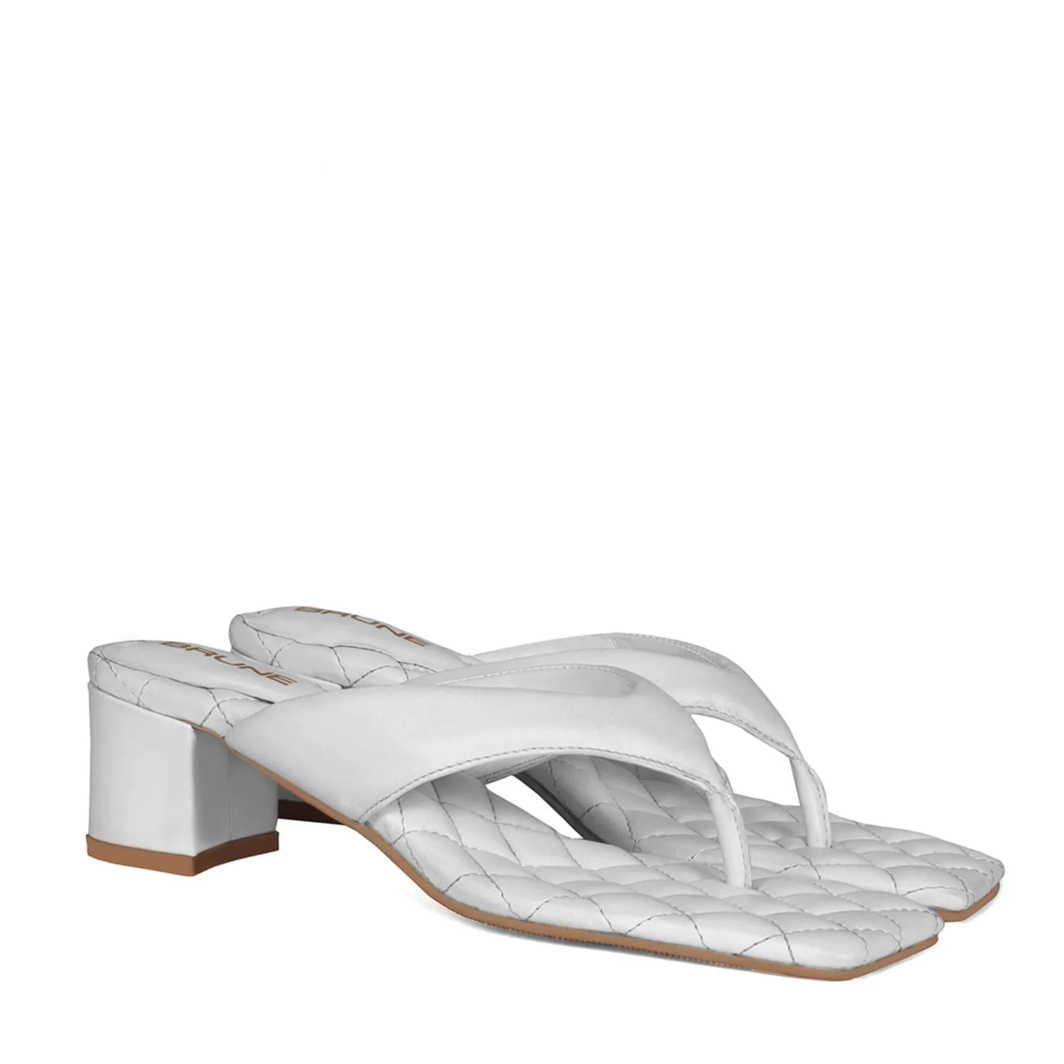 Diamond Stitched V-Shaped White Flip-Flop Blocked Heel Slider Slipper For Women By Brune & Bareskin