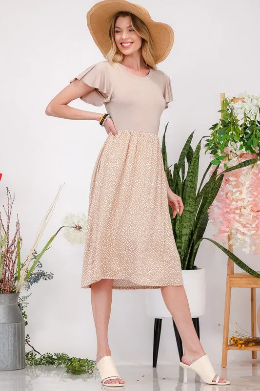Double Take Polka Dot Flutter Sleeve Midi Dress in Taupe Khaki