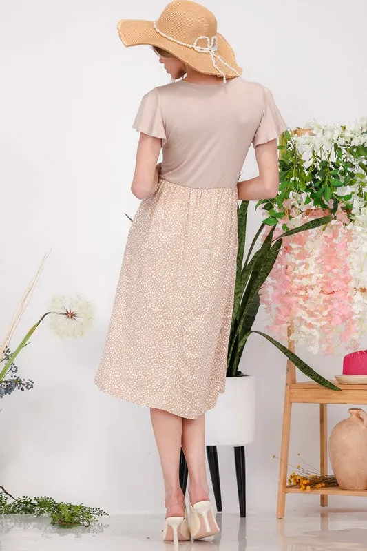Double Take Polka Dot Flutter Sleeve Midi Dress in Taupe Khaki