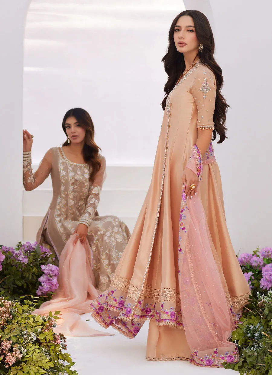 Farah Talib Aziz | Zaza Luxe Pret 24 | LISETTE FAWN EMBELLISHED RAW SILK ANGARKHA AND DUPATTA