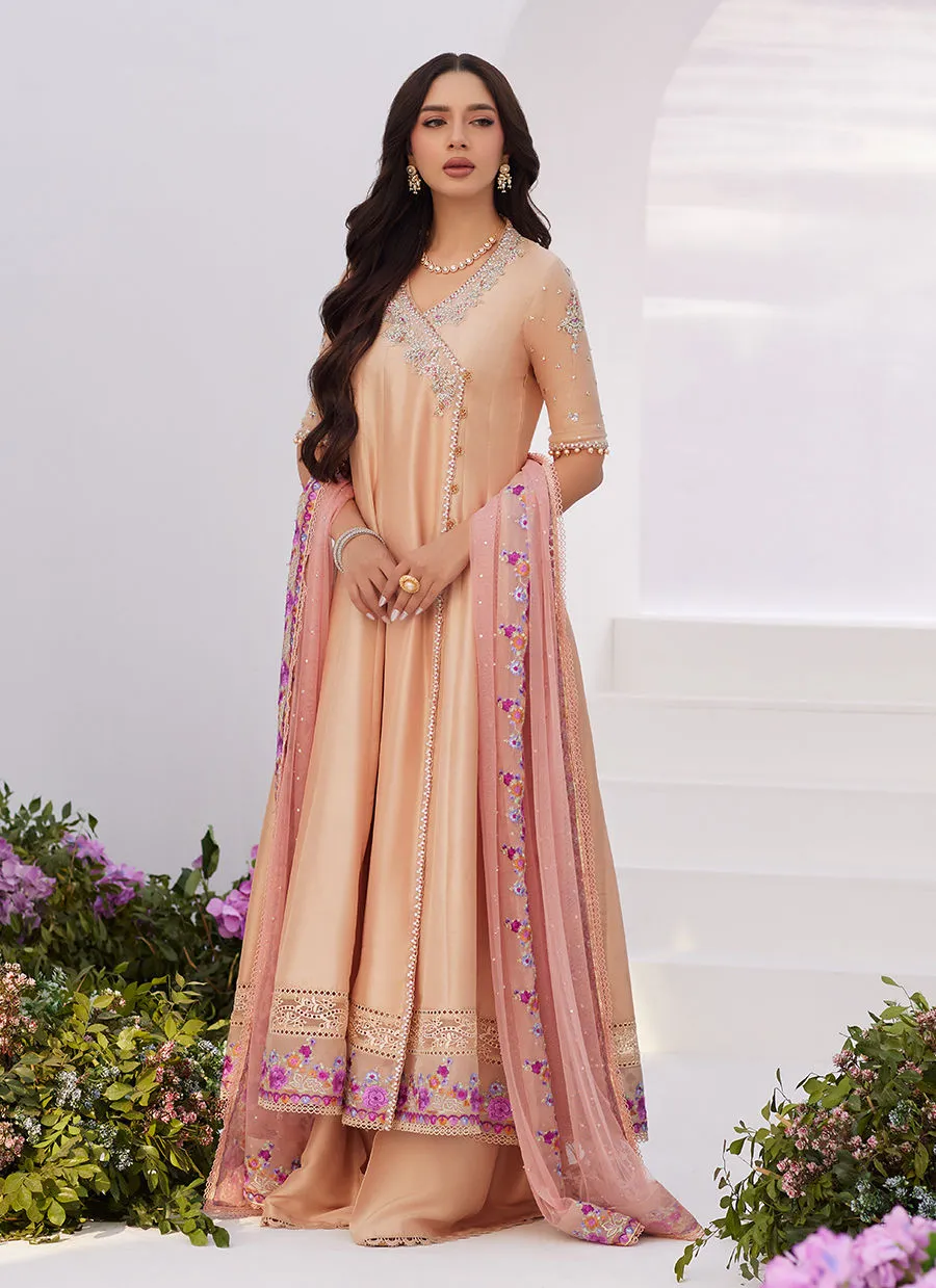 Farah Talib Aziz | Zaza Luxe Pret 24 | LISETTE FAWN EMBELLISHED RAW SILK ANGARKHA AND DUPATTA
