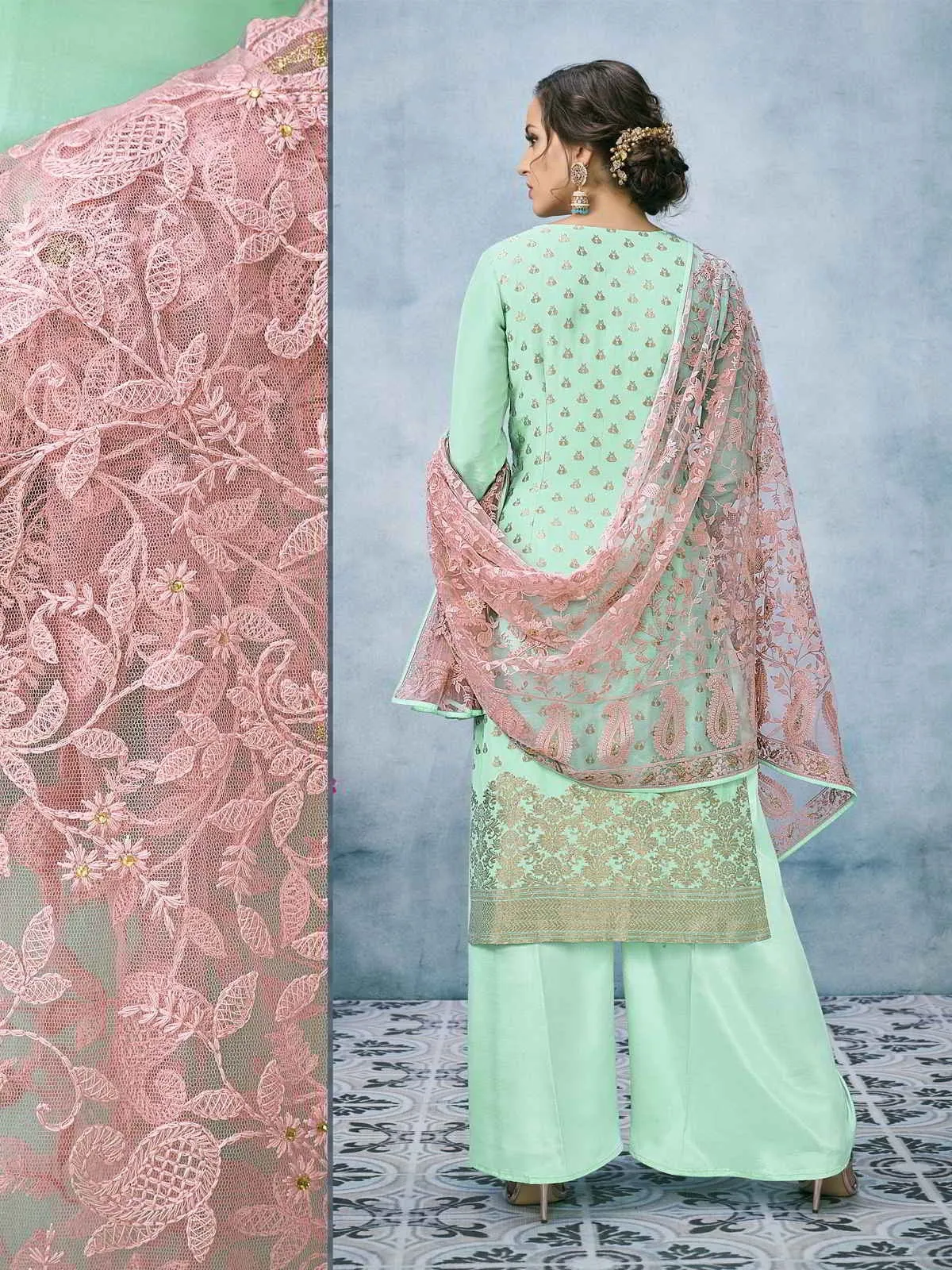 Green And Pink Lucknowi Embroidered Ethnic Palazzo Suit