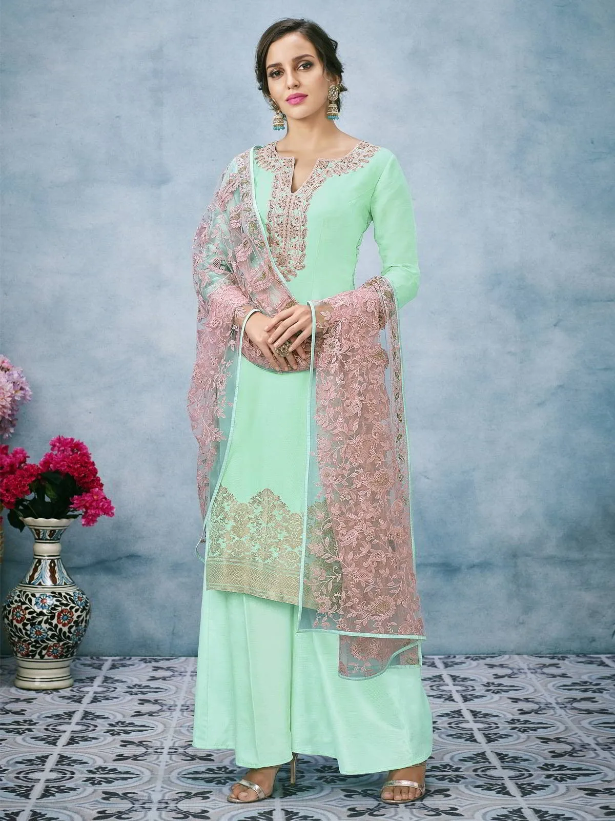 Green And Pink Lucknowi Embroidered Ethnic Palazzo Suit